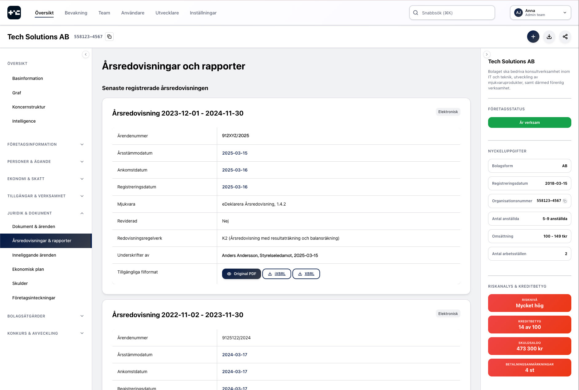Årsredovisningar i webbappen